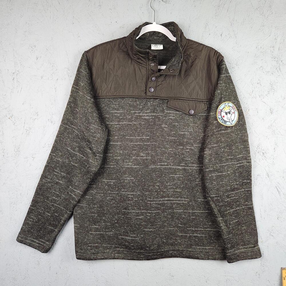 GOAT USA Pullover Mens Large Gray Fleece Snap Mock Neck Quilted Yoke Arm Patch
